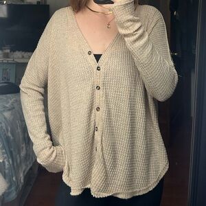 Out From Under Beige Button-Up Waffle Cardigan